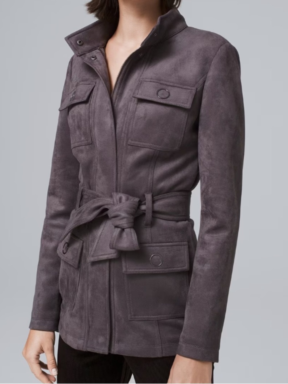 White House Black Market Gray Blackened Pearl Faux Suede Belted Utility Jacket M